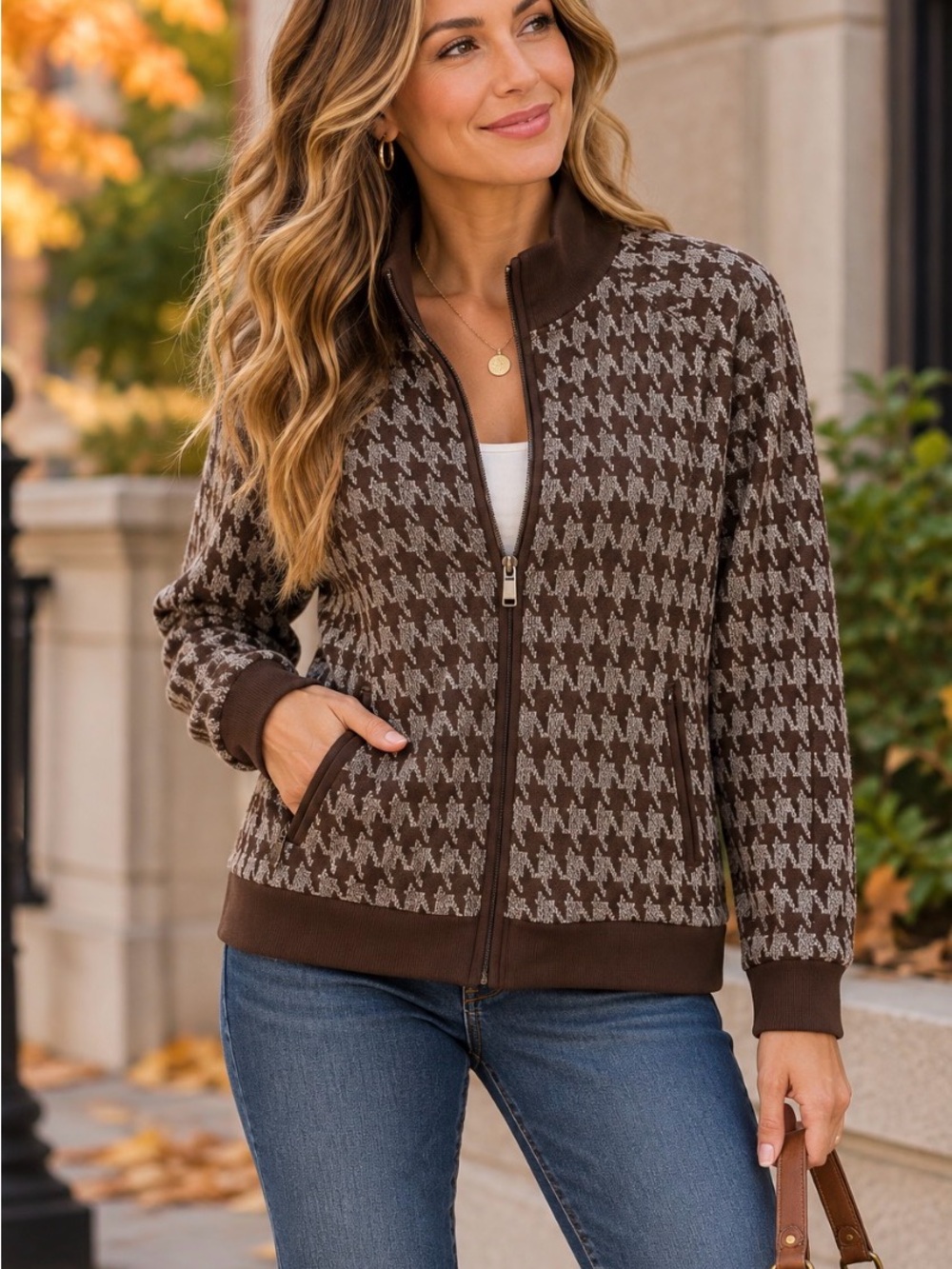 Alia Petite Women’s Medium Brown Houndstooth Full Zip Knit Jacket Cardigan